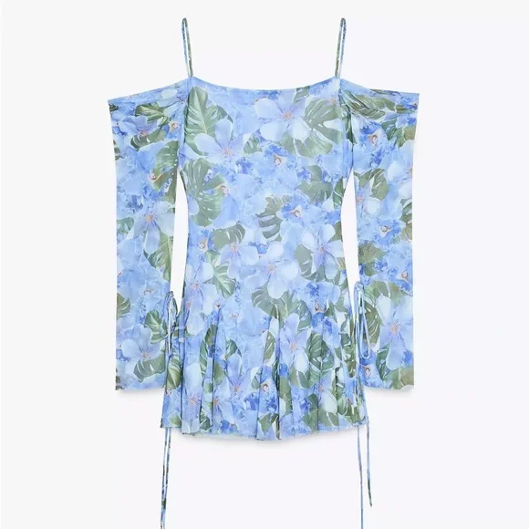 Zara Blue and Green Tiered Cold Shoulder Floral Mini Dress